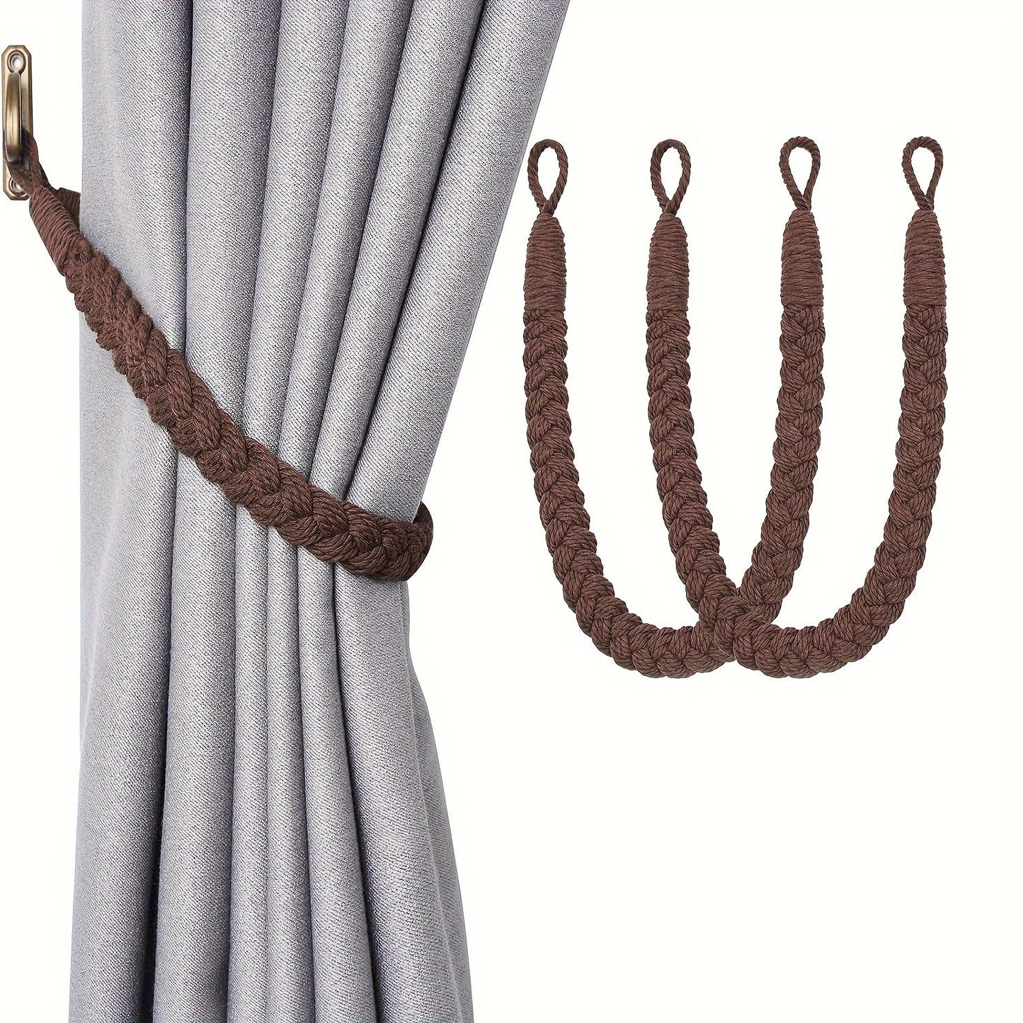 Two pieces of elegant bohemian style hand-woven rope curtain tiebacks featuring metal hooks - perfect for adding a natural decorative touch to your home or office. These soft braided design holdbacks are the ideal curtain accessories.