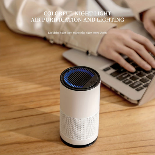 USB-powered True HEPA Air Purifier eliminates 99.97% of dust, odors, and allergens, with colorful air quality indicators. Ideal for home, office, and car use.