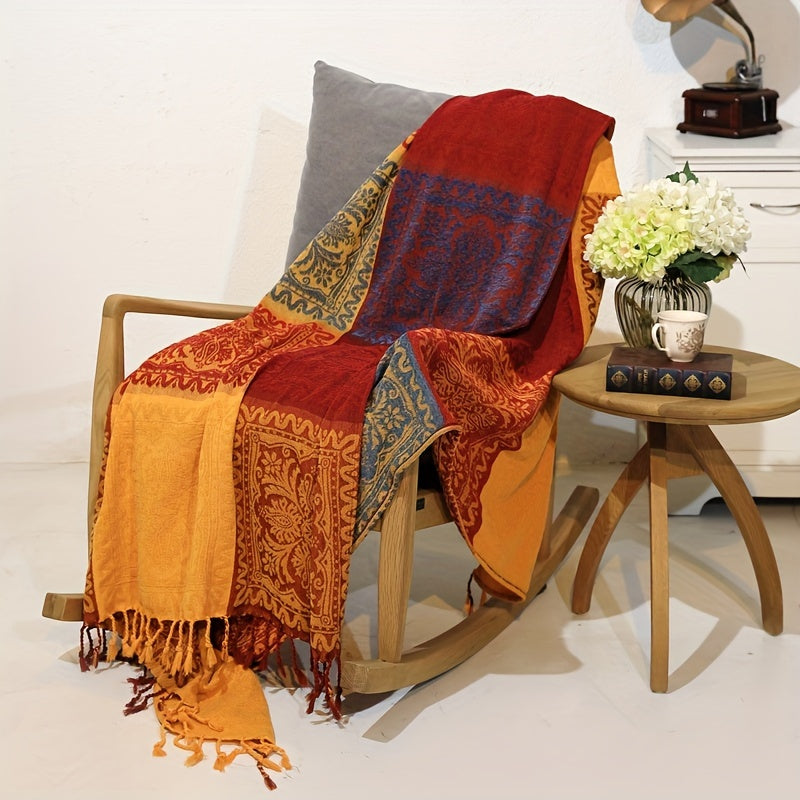 Boho jacquard chenille tassel blanket perfect for napping, cozying up on the sofa, or using as a casual bedspread.