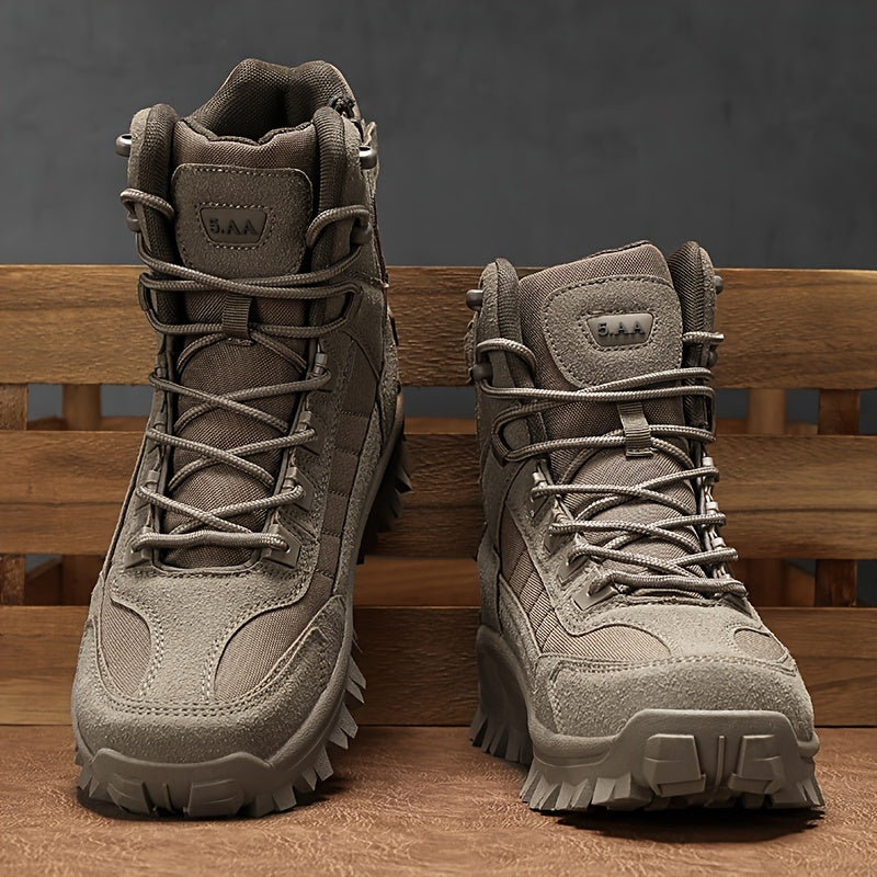 Durable men's khaki hiking boots with side zipper, non-slip sole, mesh lining for outdoor adventures.