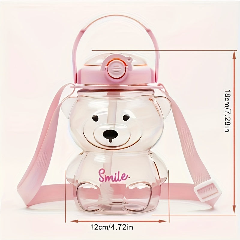 1000ml Transparent Bear Water Bottle with Straws, Backpack, and Handle; Hand wash only, PC Material, Leak-proof, PVC-free.