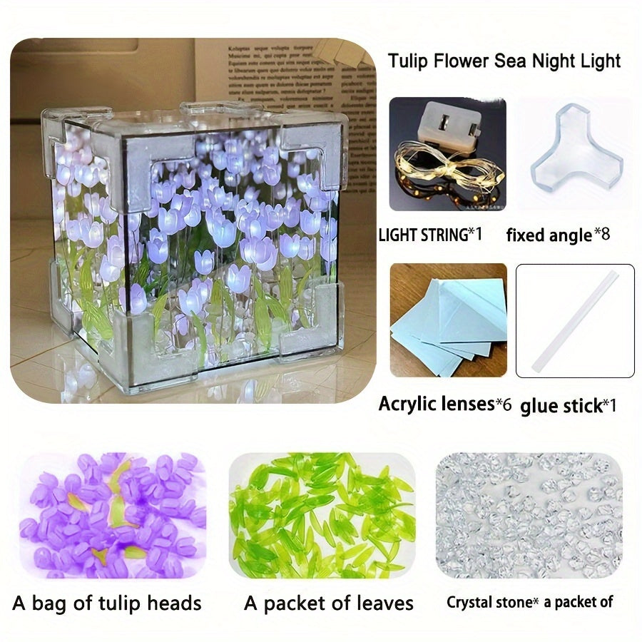 Tulip Mirror Night Light Kit: Modern Floral Cube Design, Battery-Powered for Bedroom, Living Room & Office Décor.