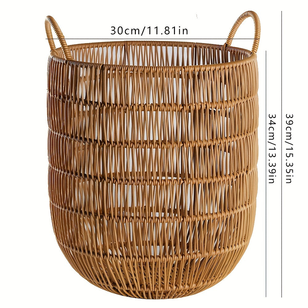 Spacious Round Hamper with Handles - Waterproof Imitation Rattan Laundry Basket for Clothes, Toys & Bathroom Storage