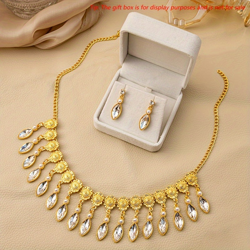 Vintage-inspired 3-piece Boho-Chic Jewelry Set featuring Rhinestone and Faux Pearl Details - Includes Necklace, Earrings, and Ring - Ideal for Weddings, Special Events, and Adding Glamour to Your Daily Look