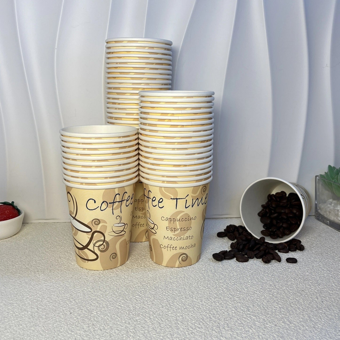 50 to 100 pieces of 8-ounce disposable paper cups ideal for household and commercial use. These hot drink paper cups are food-grade and perfect for coffee, juice, or water. Suitable for home and supermarket tastings, as well as lattes and milk teas.