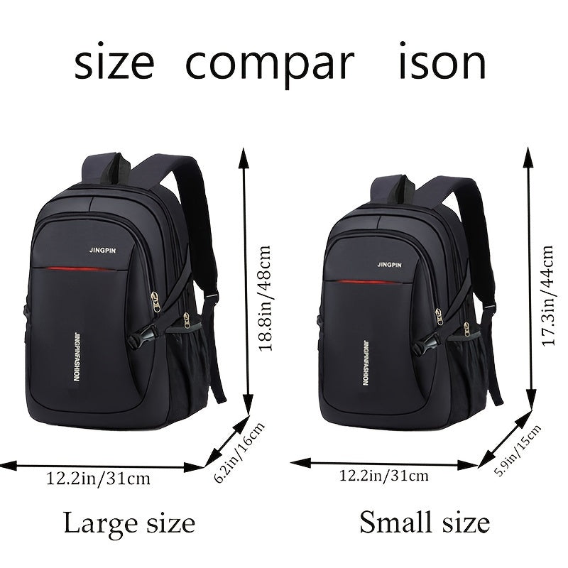 Single JINGPIN casual nylon backpack for men in black, with tassel detail, adjustable straps, and polyester lining. Ideal for daily commute or travel.