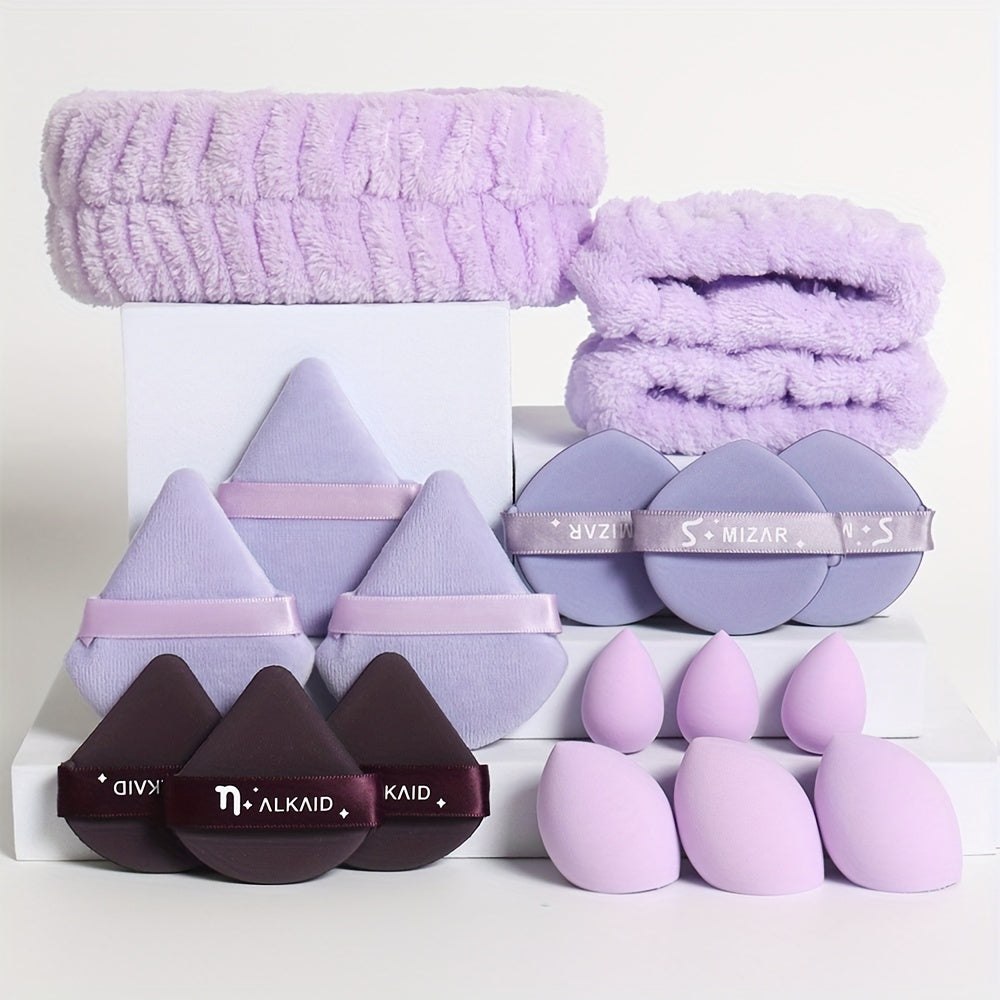 18-piece set including 1 hairband, 2 wristbands, 3 makeup sponges, 3 mini makeup sponges, 3 loose powder puffs, and 6 air cushion puffs. Features foundation mixing sponge for flawless