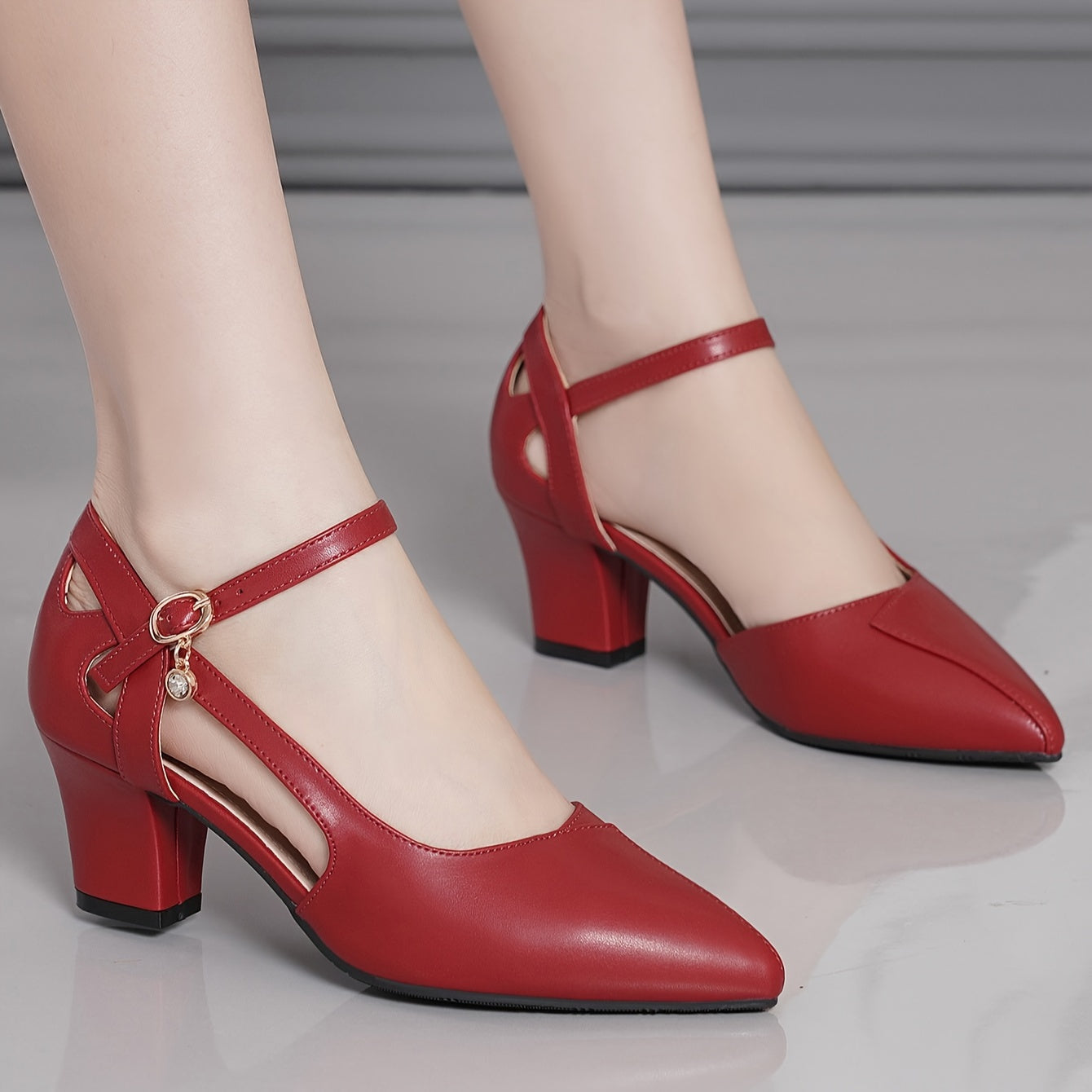 Stylish women's chunky heels with elegant point toe and fashion buckle strap.