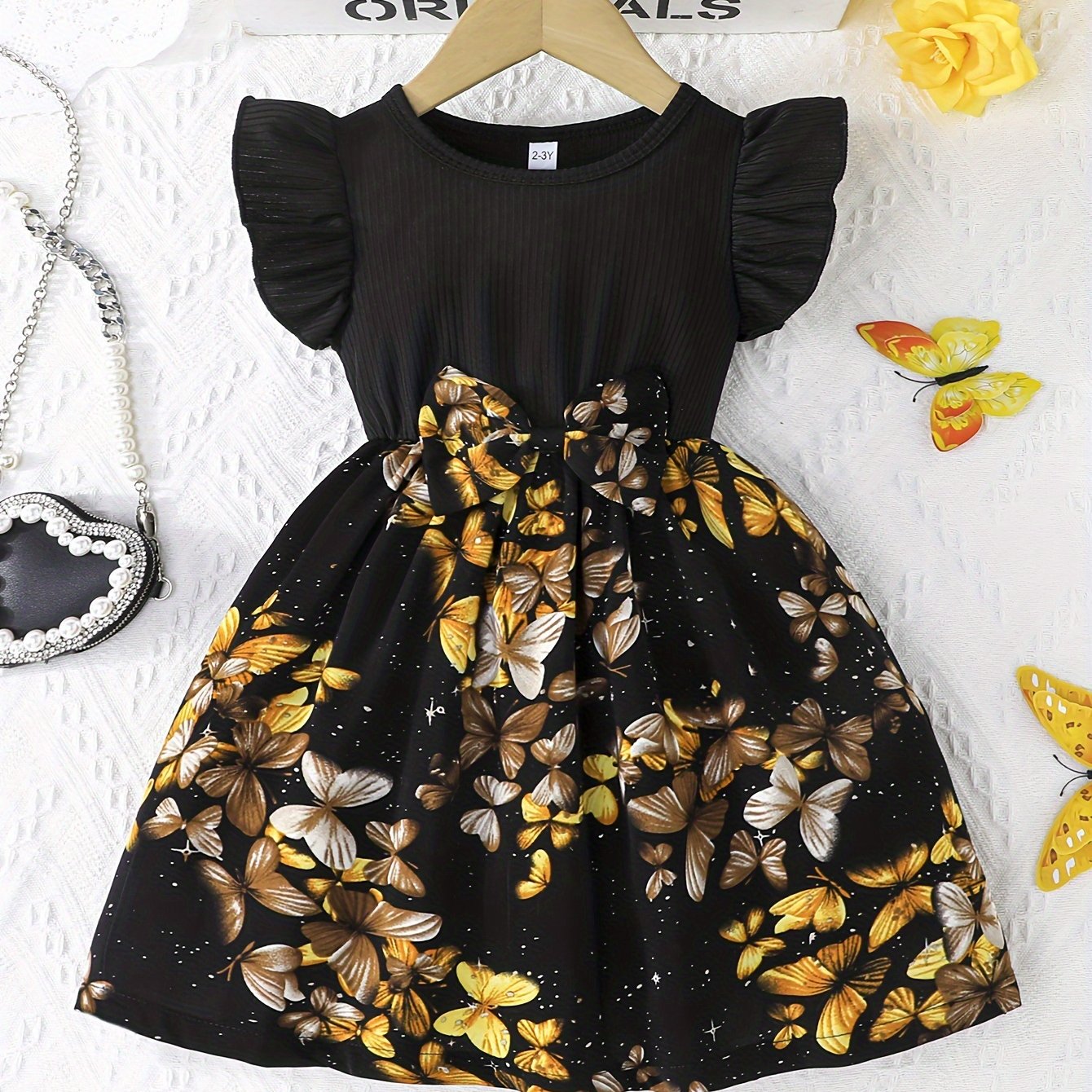 Black Polyester A-Line Midi Dress with Floral Print, Ruffle Sleeves, and Bow Detail for Girls, Ideal for Spring/Fall Outdoor Activities