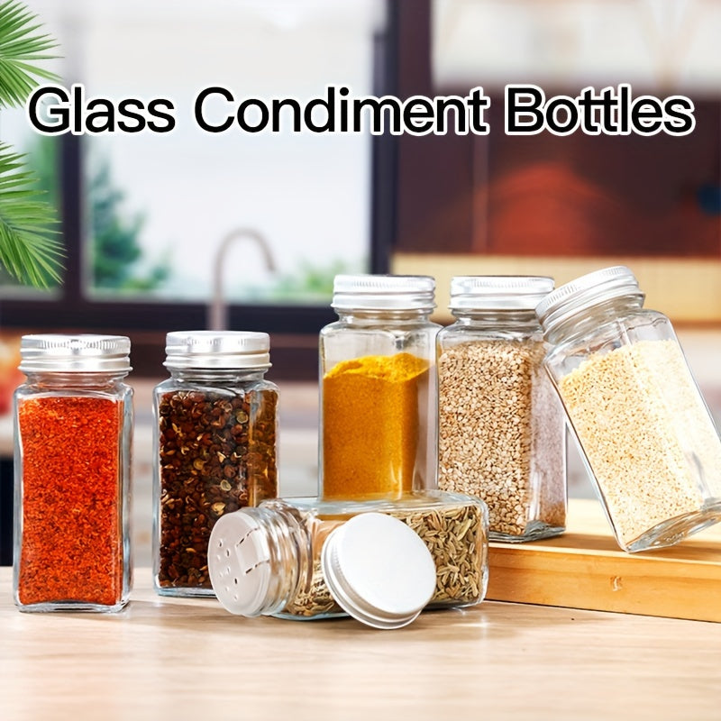 Complete your kitchen with our 24-piece Glass Spice Jar Set, featuring Aluminum Lids. Each 4oz Square Container is perfect for storing seasonings, salt, pepper, and more. Includes Labels, Collapsible Funnel, and Brush to keep your spices organized and