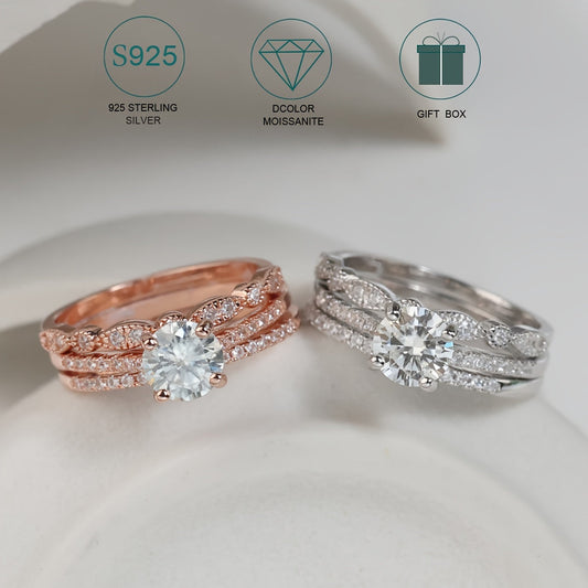 Pick one of these high-quality 925 sterling silver stacking rings with inlaid 1ct, 2ct, or 3ct moissanite for your engagement or wedding. Choose between silvery or rose golden options, each comes with a certificate and gift box.