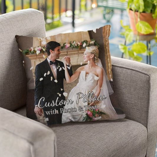 Personalized Wedding Photo Pillowcase, Custom Text Decor Cushion Cover for Newlyweds, Anniversary, Valentine's Day, Christmas - Made of Polyester in Multicolor, Size 45x45cm. Great for Wedding Decor, Bride and Groom Gift.