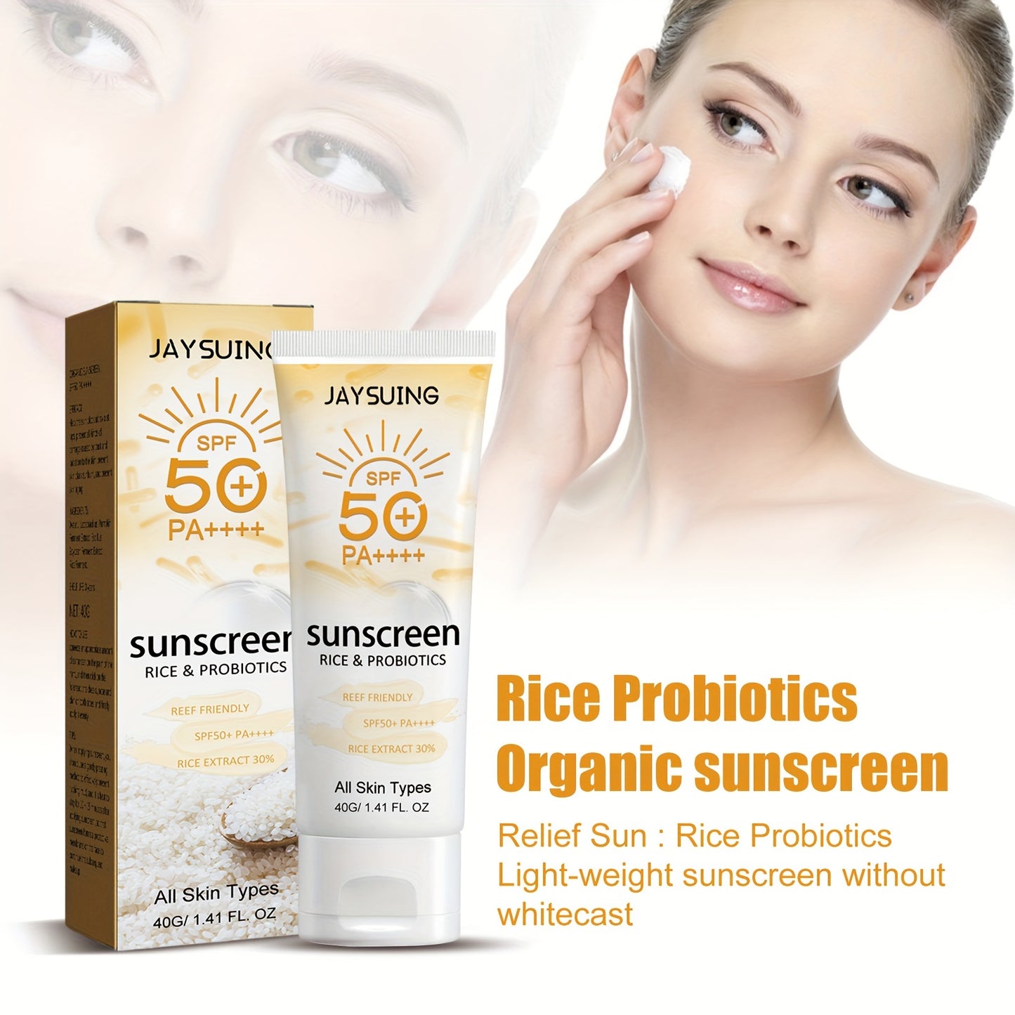 SPF50+ PA++++ Rice & Probiotics Sunscreen Cream, 40g/1.41fl.oz, Lightweight, Non-Greasy Sun Protection for Face & Body, Hydrating & Suitable for All Skin Types.