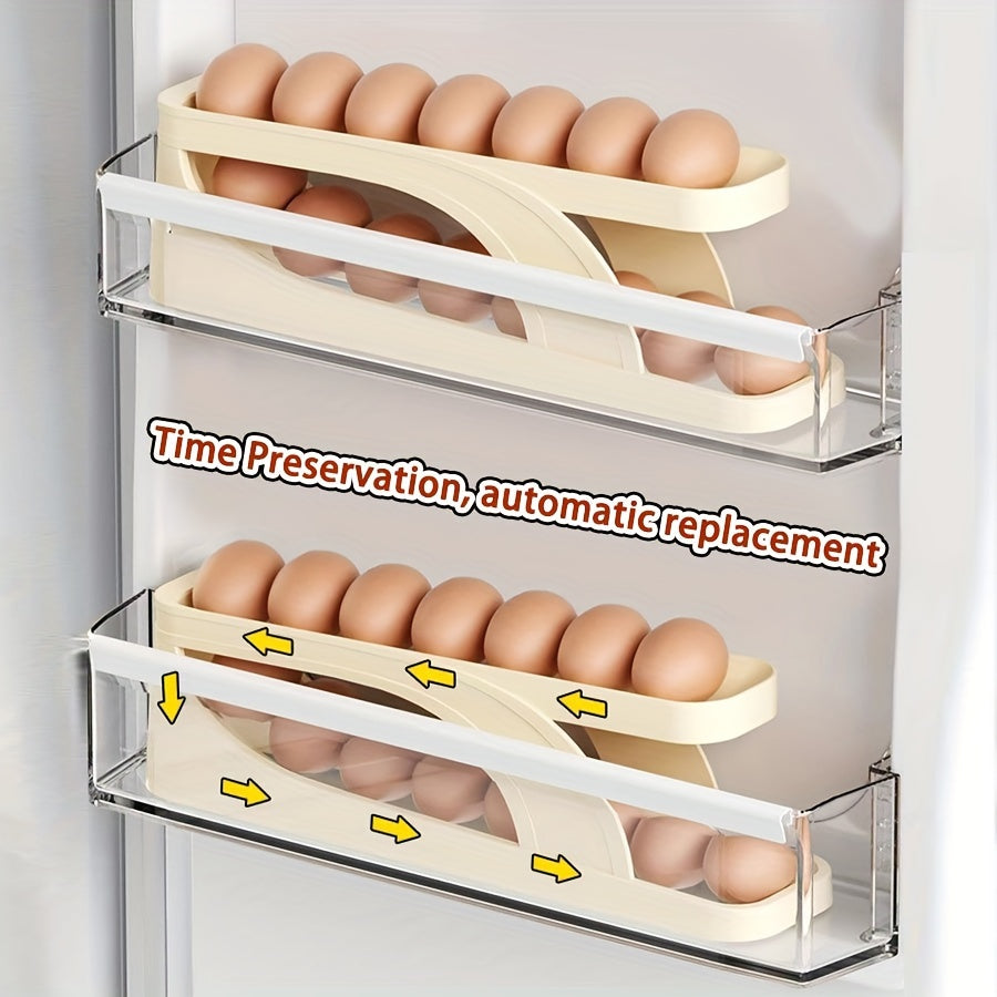 Refrigerator Rolling Egg Tray Holder with Slide Design, Kitchen Organizer for Easy Egg Storage. Automatic Rolling Egg Cooker for Convenient Cooking. Anti-Fall Egg Storage Box for Kitchen Table. Essential Kitchen Supplies.