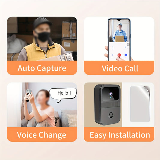 Wireless video doorbell with night vision, video call, auto capture, cloud storage, voice change, and easy installation.