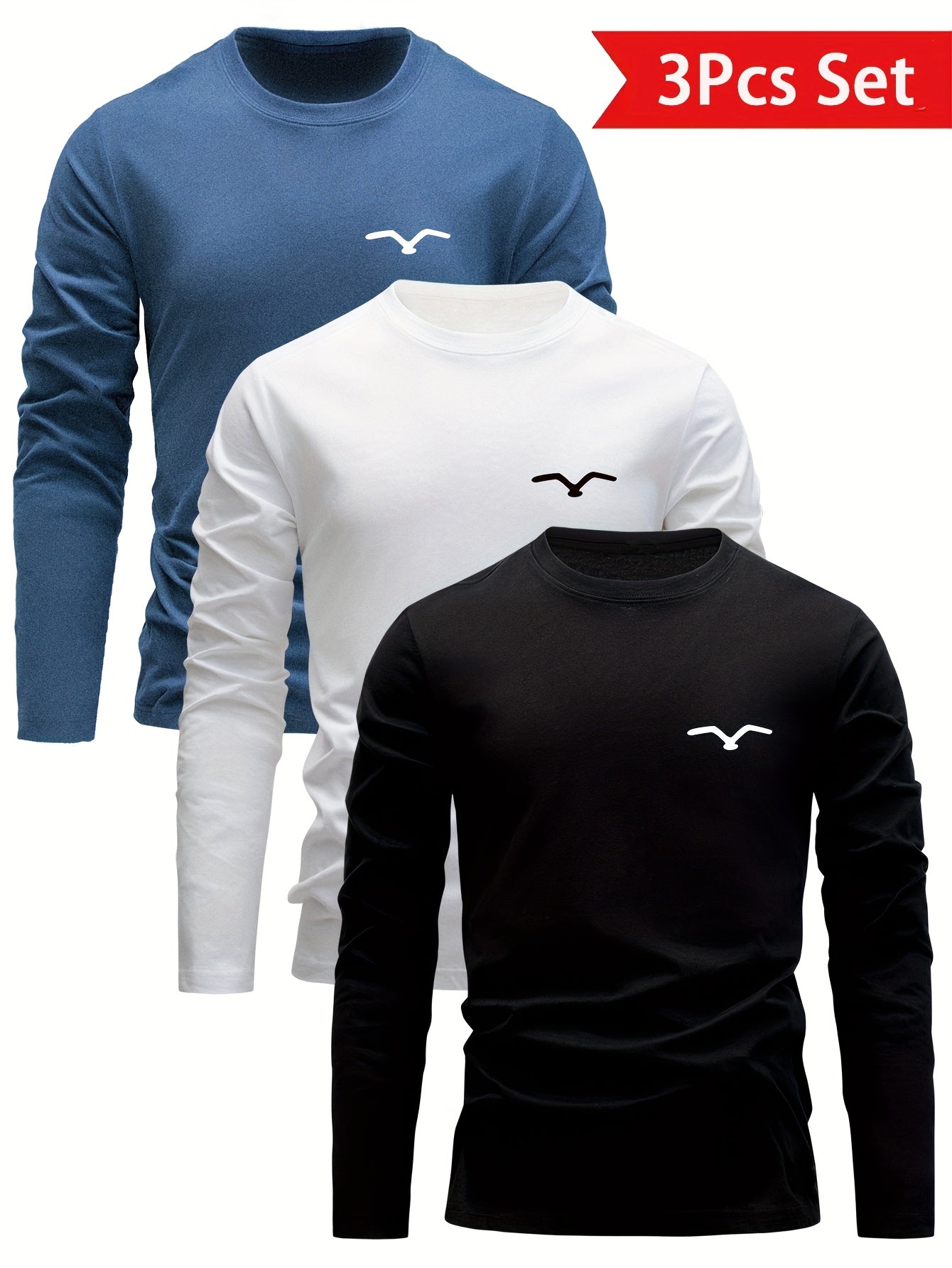 3-Pack Men's Casual Long Sleeve T-Shirts with Geometric Bird Embroidery, Round Neck, Stretch Fabric, Knit Craftsmanship - Ideal for Outdoor Activities, Autumn/Winter