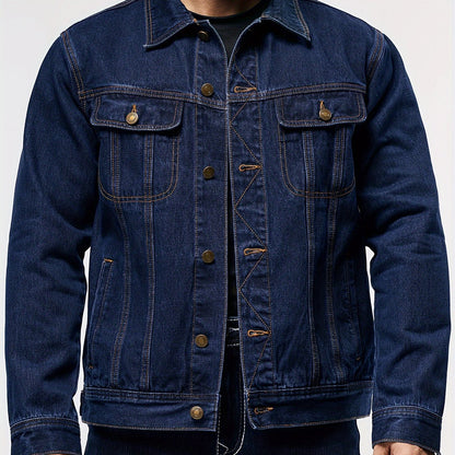 Men's Denim Jacket - Long Sleeve with Flap Pockets, Machine Washable