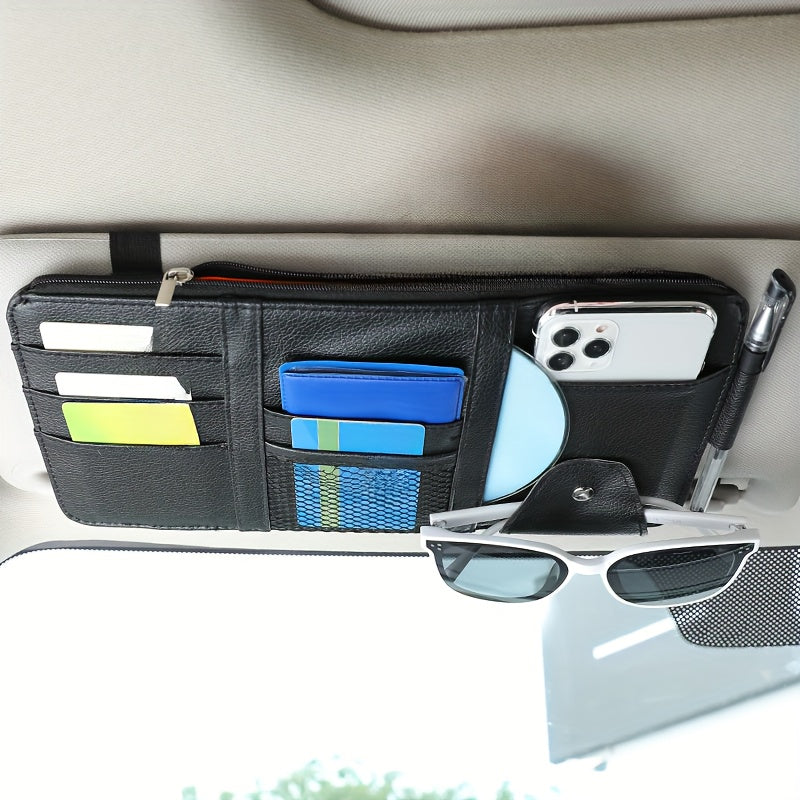 Upgrade your car organization with stylish PU leather storage bag and sun visor clip.