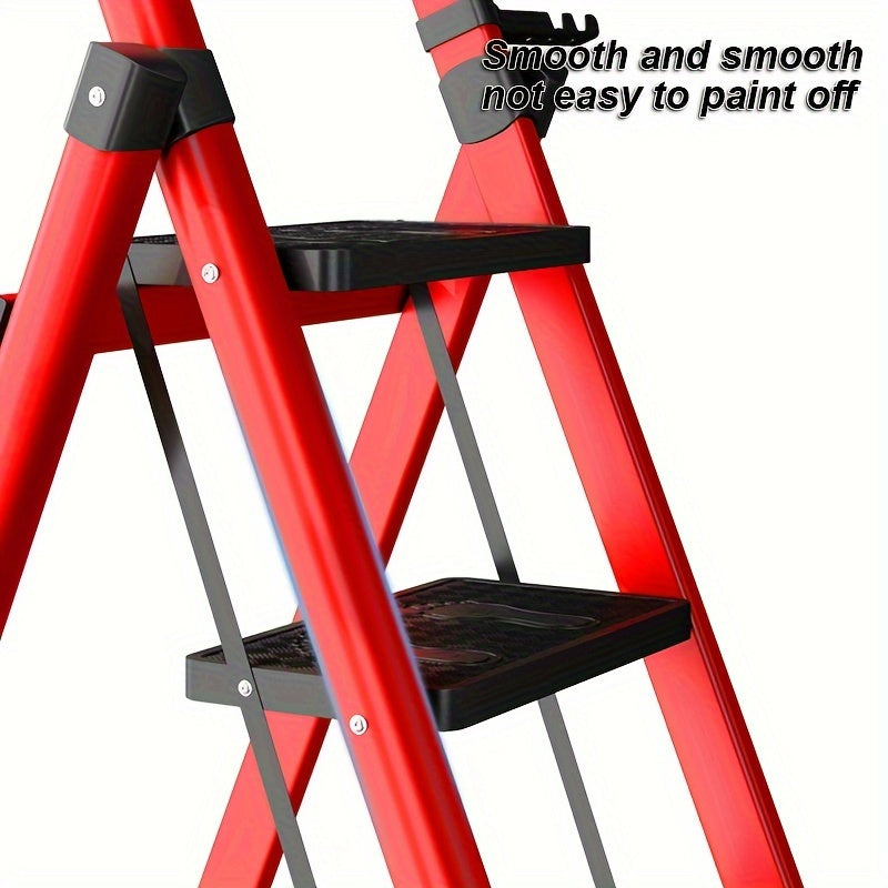 Portable step stool with folding carbon steel ladder, non-slip rubber handle and feet, for home use.