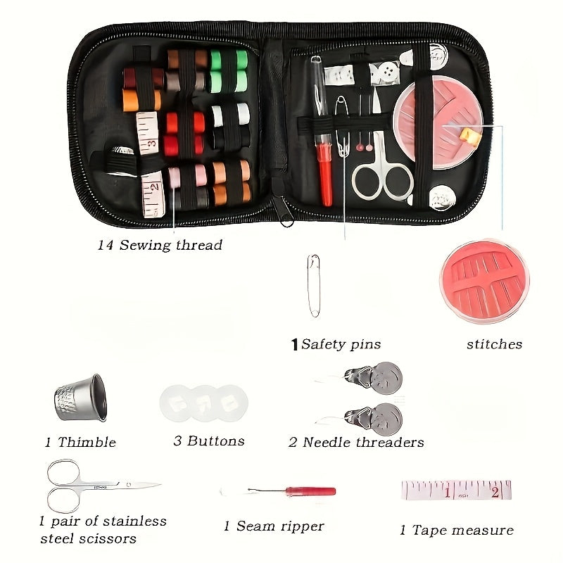 27-piece portable sewing kit with vibrant threads, needles, and essentials for home, office, or travel.