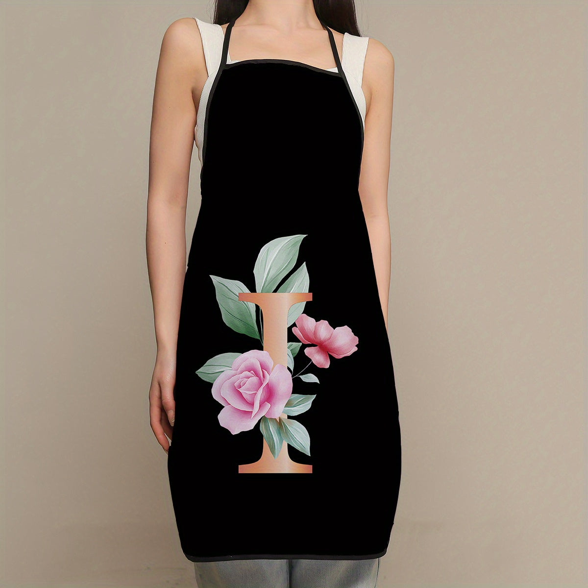 Women's flower and letter printed polyester apron - waterproof, thickened, and cute for household and kitchen use.