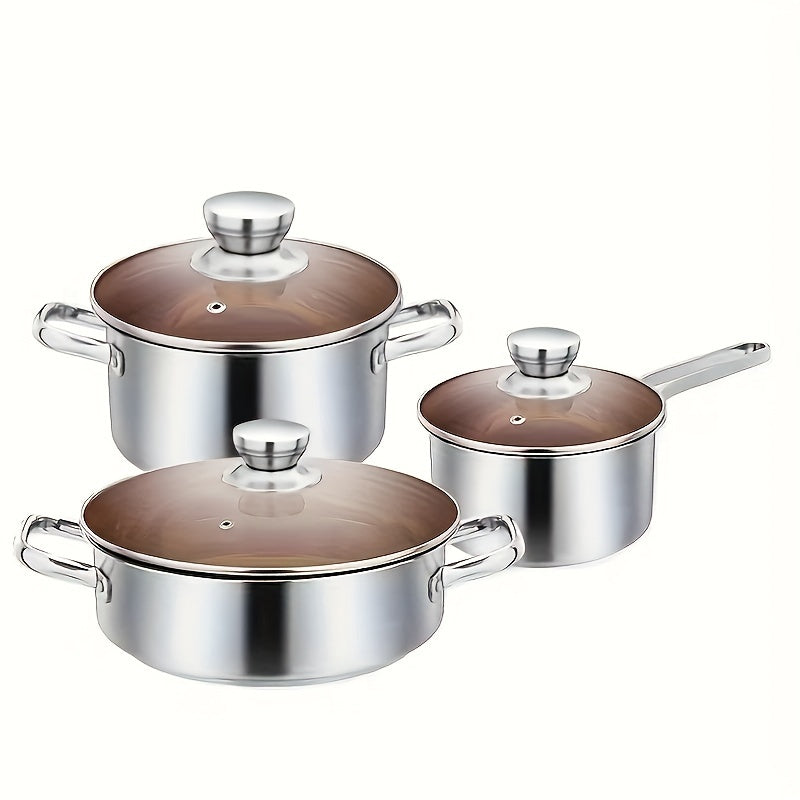 Upgrade your home kitchen with the YumiPLUS Stainless Steel Cookware Set featuring 3 pieces of thick and durable pots and pans. This set is perfect for cooking milk, soup, and frying. Made from high-quality stainless steel, this pot set is designed to