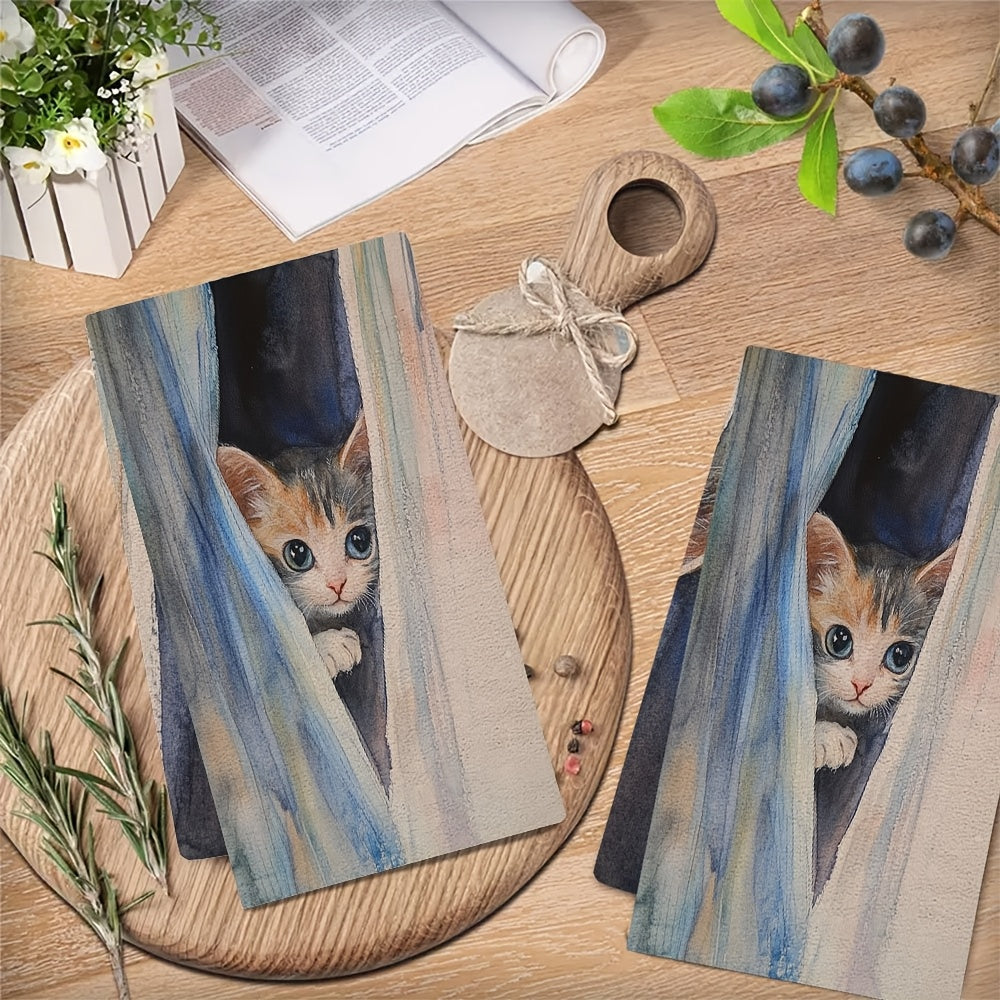 Ultra Soft Kitchen Towels with Peekaboo Kitten Design - Set of 2. These charming towels are highly absorbent and machine washable, perfect for everyday use in your kitchen. The contemporary watercolor art adds a stylish touch to your holiday decor. Each