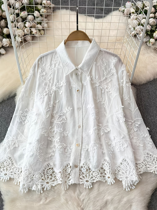 Boho embroidered cotton shirt with geometric pattern and lapel collar for teens. Made from knit fabric, non-stretch, suitable for all seasons. Regular fit, 100% cotton.