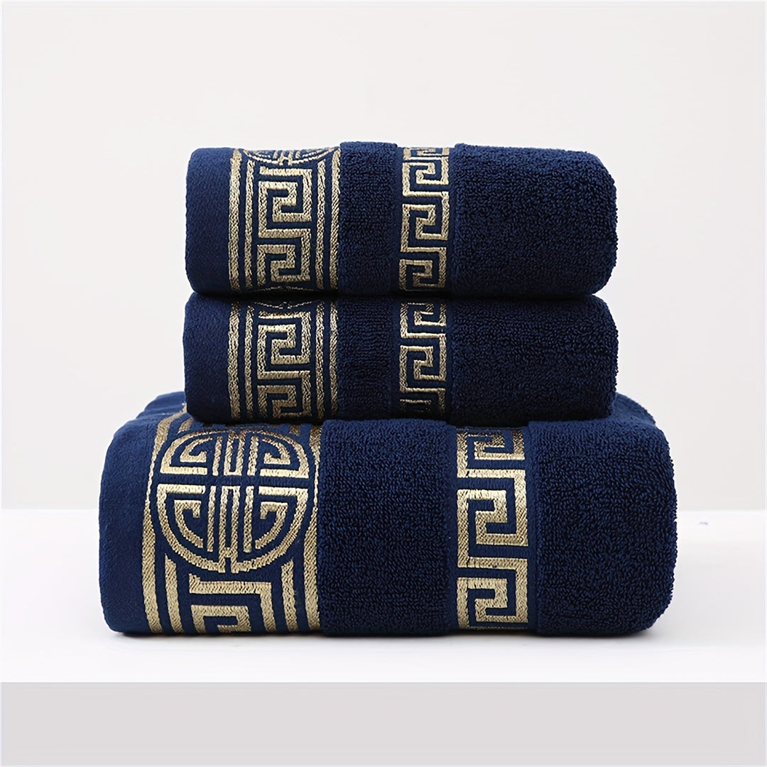 Velvet towel set includes 1 bath towel and 2 hand towels in gsm450, Regular thickness, Pure cotton with geometric pattern. High absorbency and softness in dark colors including black, purple, blue, coffee, and white. Suitable for bathroom, travel