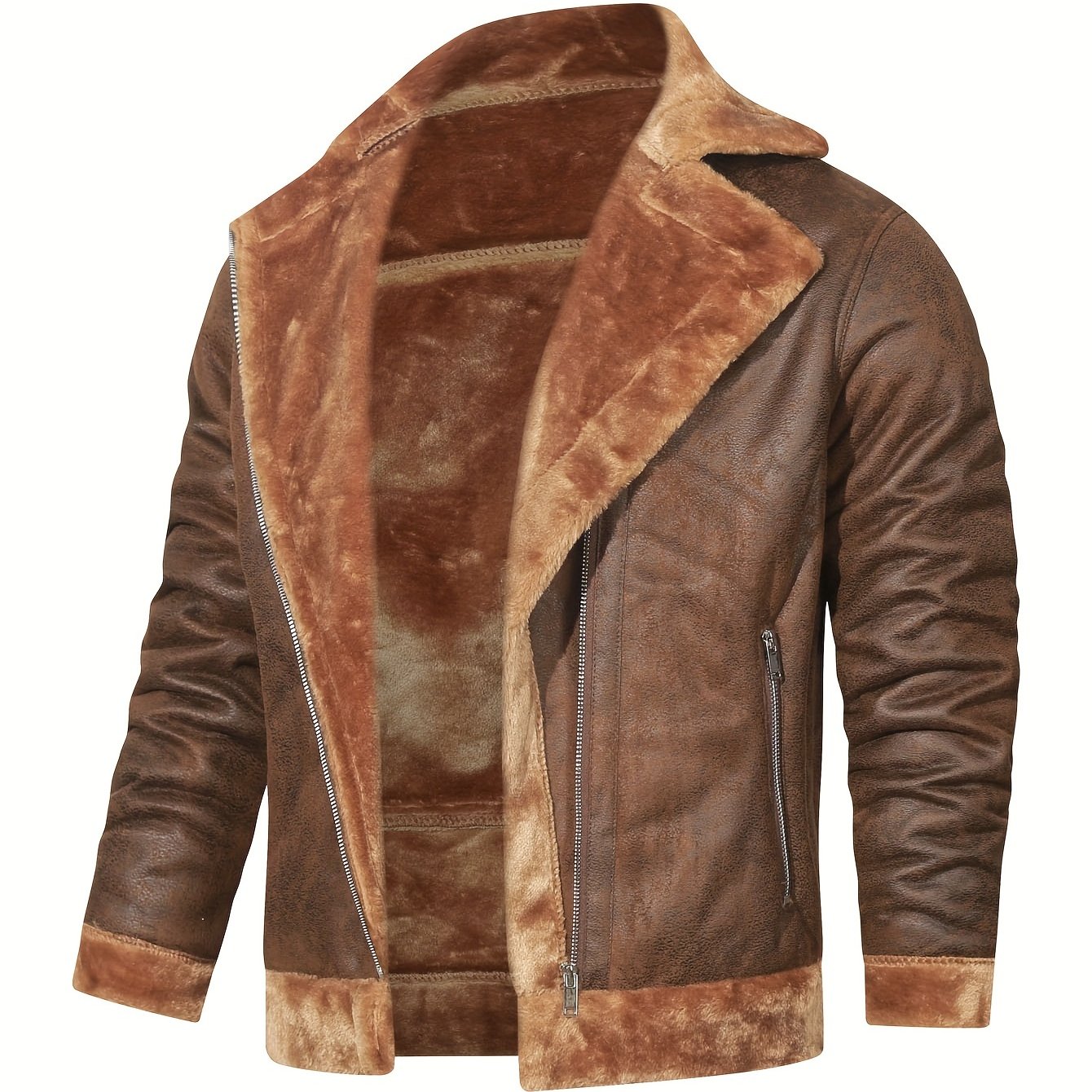 Men's slim fit jacket with faux fur trim in casual brown, zip-up coat made of polyester blend for casual attire.