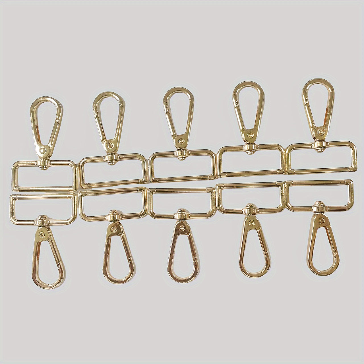 A set of 10 Gold-Tone Spring Hooks measuring 1.2" in length, featuring Thick Pads and 360° Rotation. Ideal for use with Handbag Straps and Jewelry Clasps.