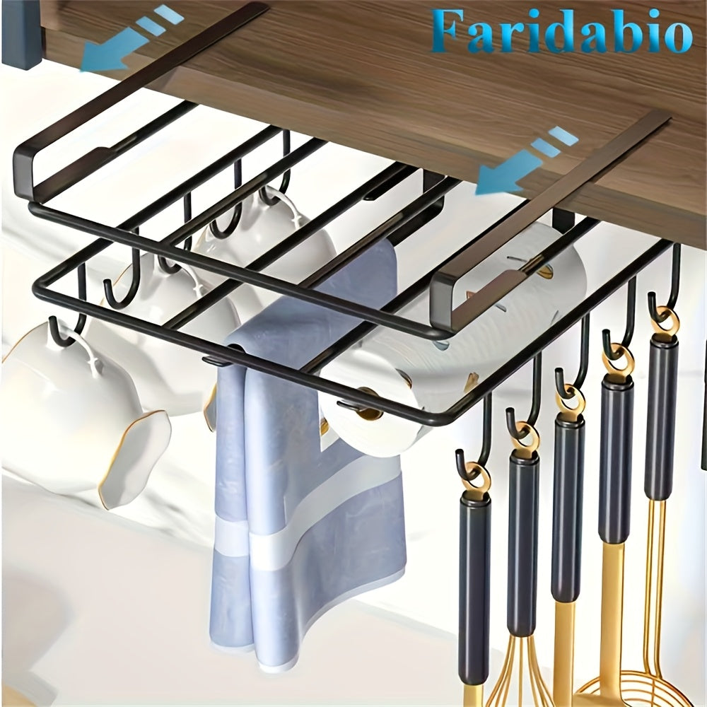 Stainless steel cabinet organizer with hanging rack for cutting board and kitchen essentials.