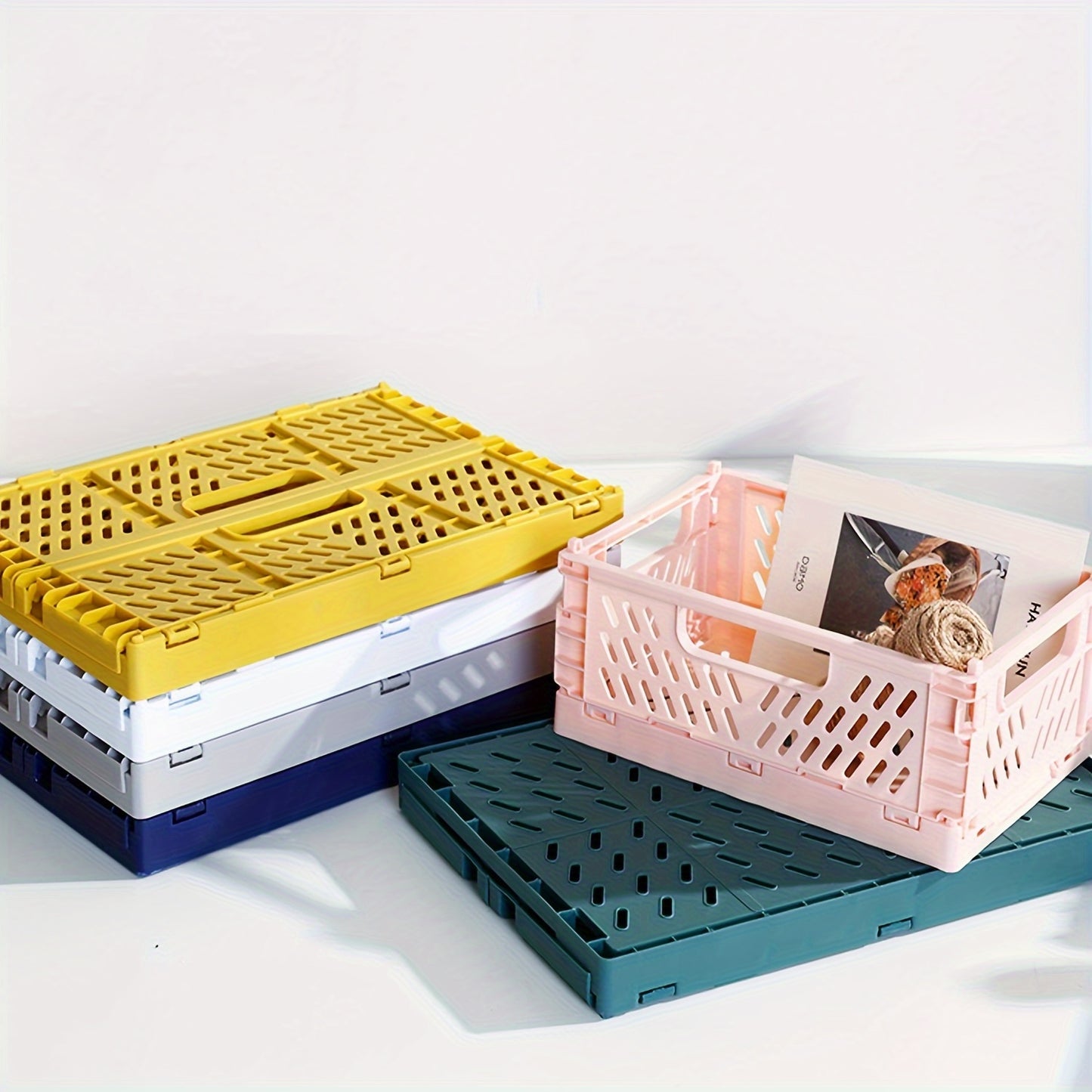 2-Pack Plastic Folding Storage Baskets with Handles, Stackable Organizers for Home - Mixed Color