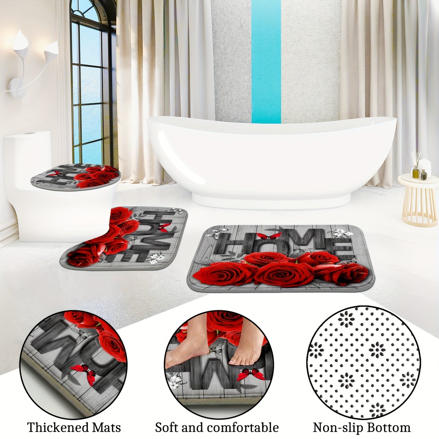 1 Romantic Rose and Butterfly polyester bathroom set includes a water-resistant floral shower curtain with 12 hooks, non-slip mats, a U-shaped bath rug, and round toilet lid cover. Machine washable and perfect for all-season home decor.