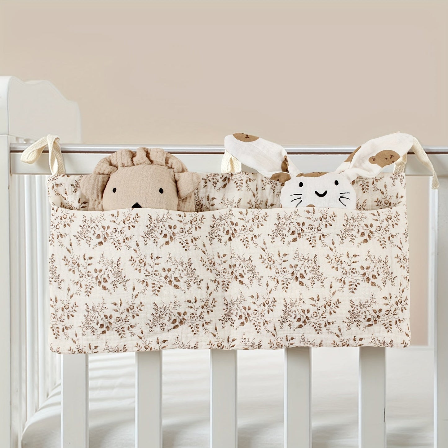 Stylish Cotton Stroller Hanging Bag Featuring Two Convenient Pockets, Adorned with a Charming Pattern - Perfect for Storing Bottles and Diapers on the Go!