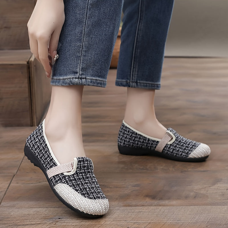 Stylish slip-on sneakers with soft insole, geometric pattern, ideal for everyday and outdoor wear.