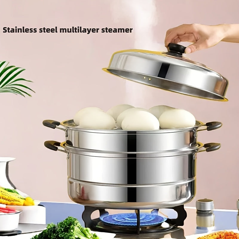 Stainless Steel Steamer Pot with Lid - Versatile Double-Layer Design, Suitable for Induction Cooktops - Perfect for Buns, Mantou, and Soup - Sturdy and Durable Construction, No Electricity Required