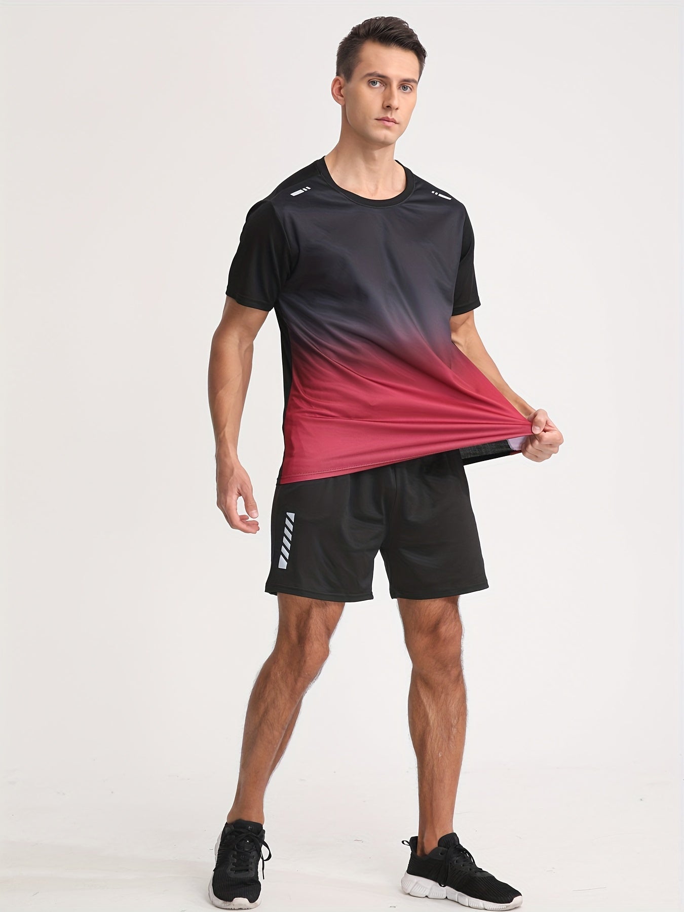 Men's Gradient Color Short Sleeve T-Shirt in Black to Blue Gradient, made of lightweight polyester material. Features a round neck, machine washable, and a loose fit for casual attire.