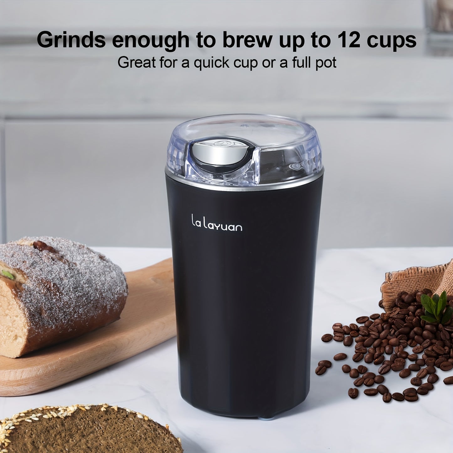 Electric coffee bean grinder with powerful 200W motor, ideal for grinding spices, nuts, and espresso beans. Features one-touch control, includes brush, coffee spoon, and 2 blades. 12