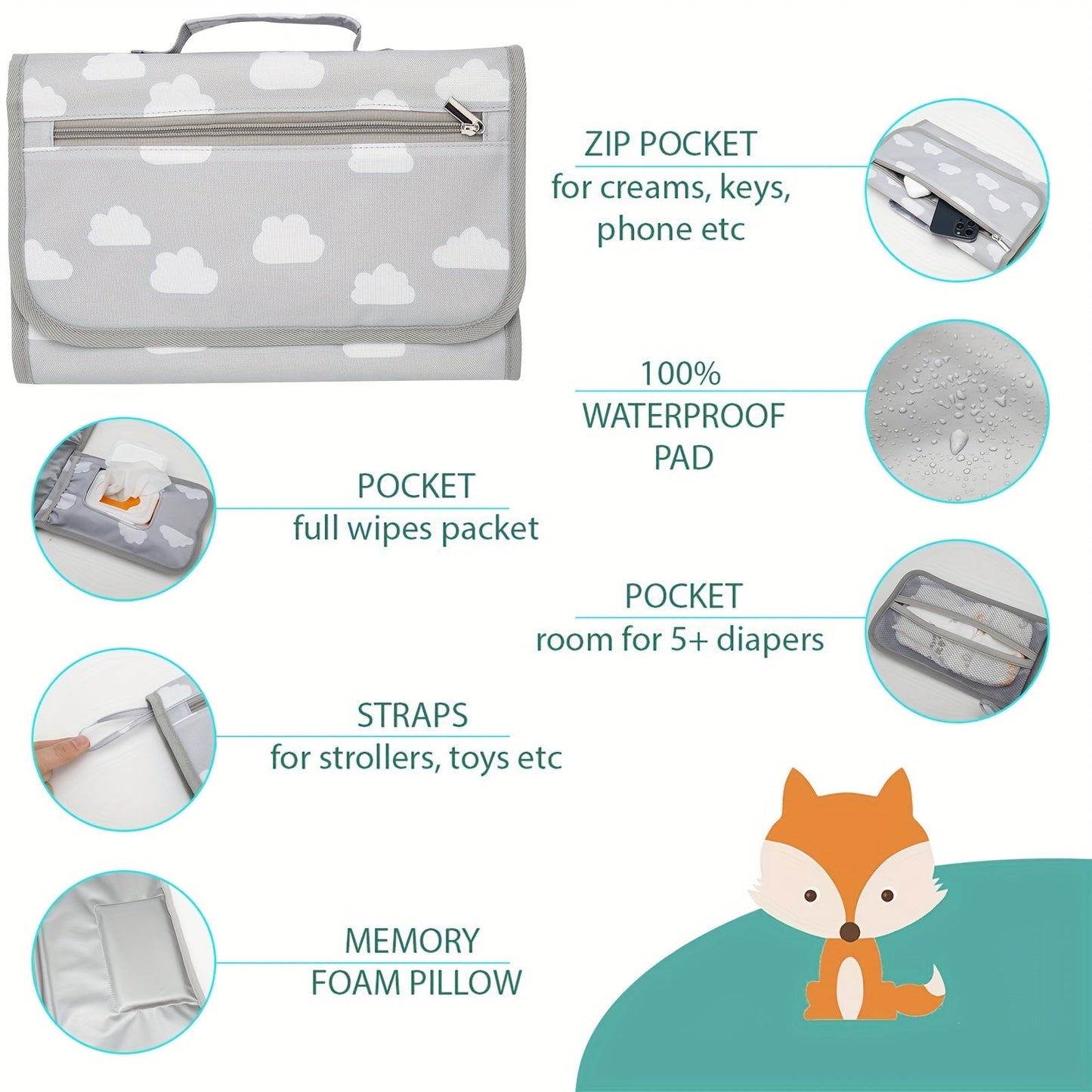 Waterproof baby changing pad and portable mother and baby bag for outdoor use.