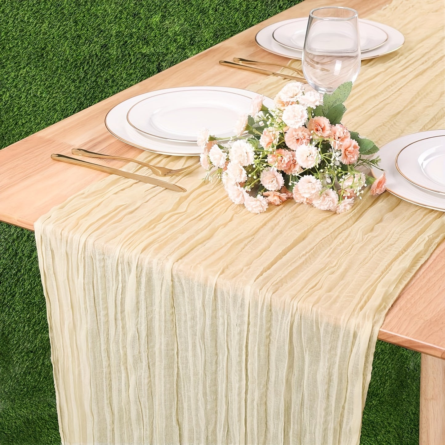 1pc Balinese pleated table runner in elegant beige fabric, ideal for holiday and wedding décor.