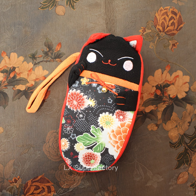 Soft fabric glasses case featuring a lucky cat design, perfect for storing eyewear in a Chinese-inspired knitted style pouch. Lens case included.