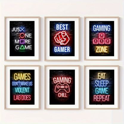 Set of 6 Modern Art Design Neon Style Wall Posters Featuring Video Gamer Quotes, Frames Not Included, Perfect Gifts for Room Decor, Playroom or Bedroom, A4 size 11.4"x8.3" (29x21cm)