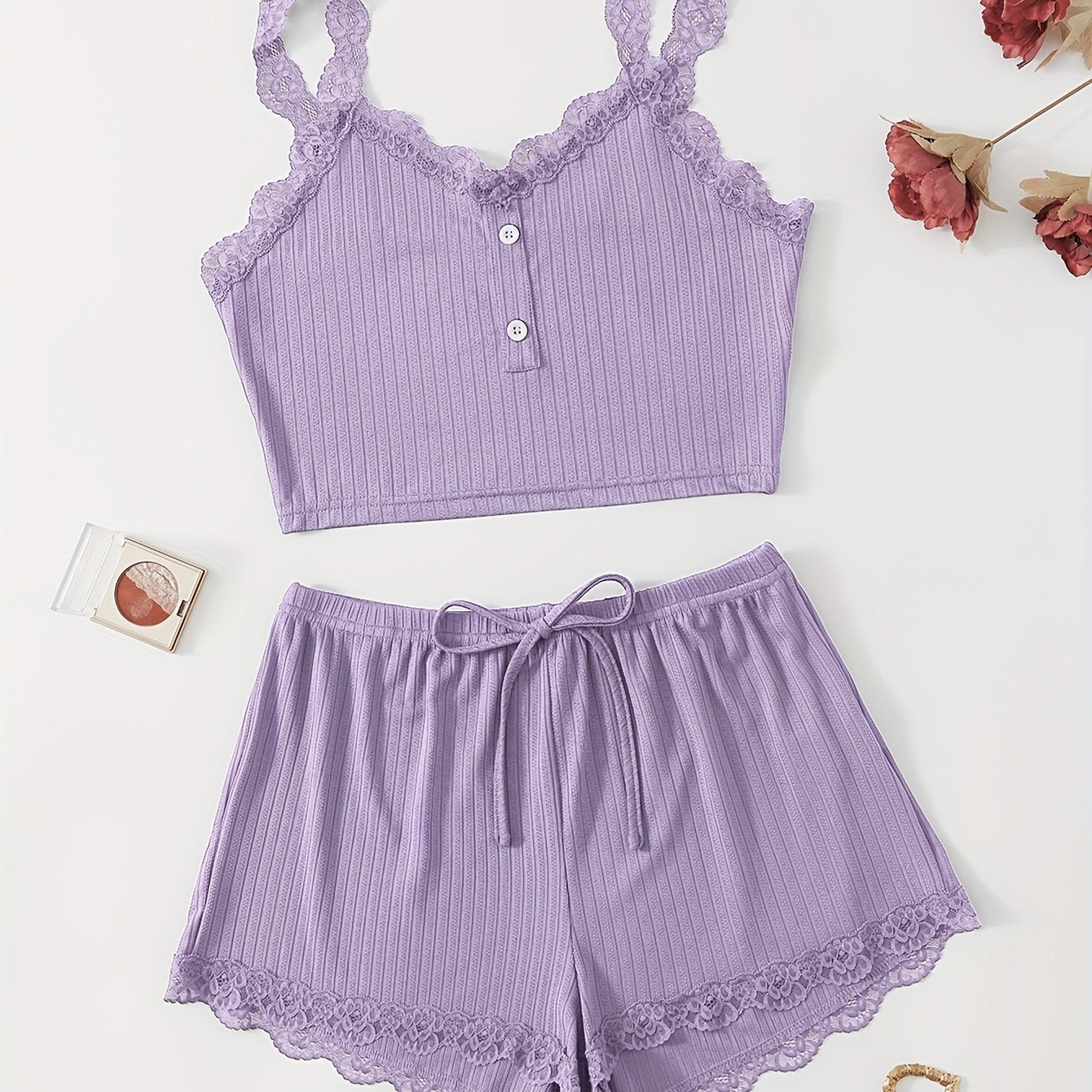 Ribbed lace trim pajama set for women includes a V-neck crop top and shorts with a comfortable fit for summer nights.