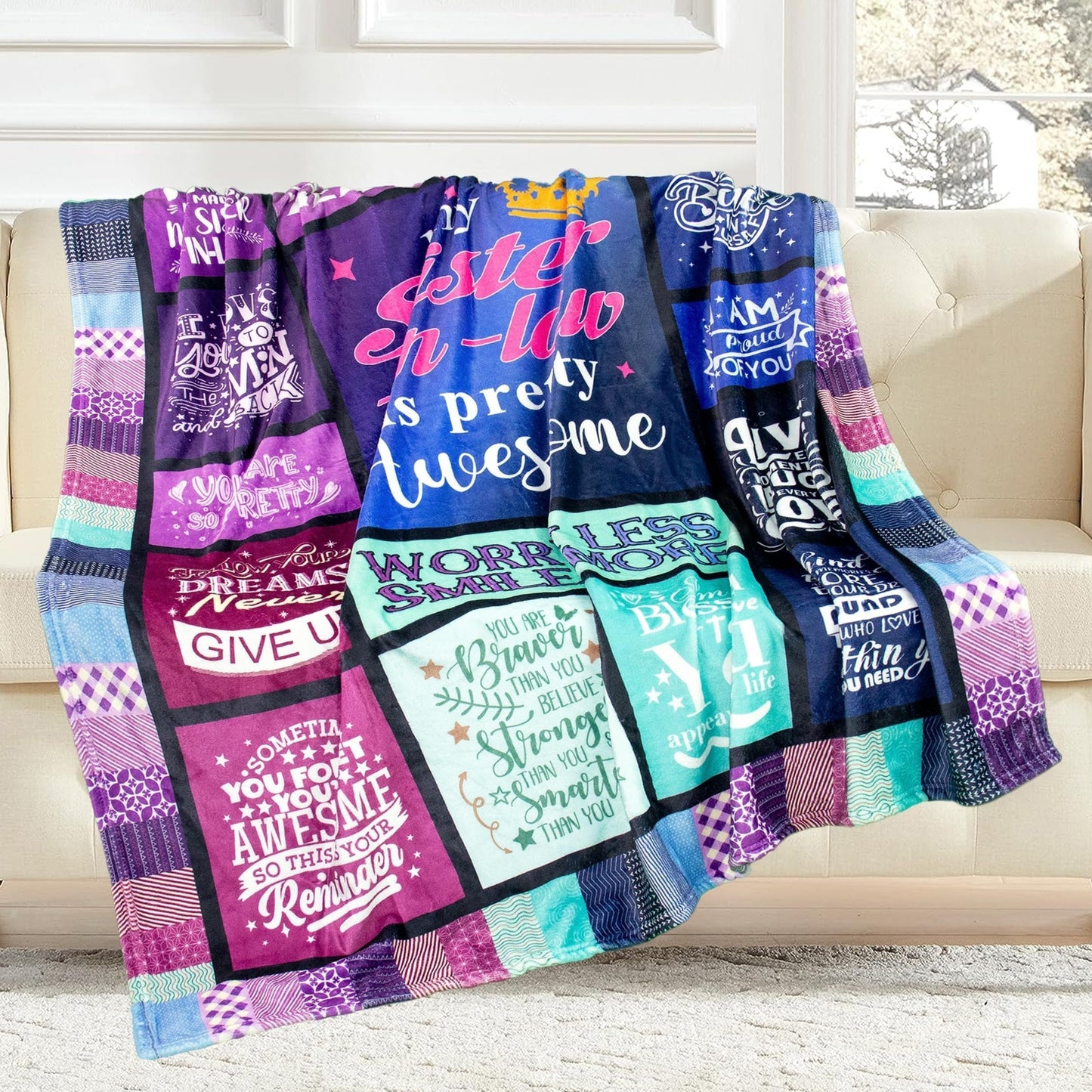 Soft and luxurious flannel fleece throw blanket designed for Sister-in-Law. Features a contemporary print that is perfect for all seasons. Easy to care for with machine washable polyester material. Can be used as a multi-purpose sofa throw. Ideal gift