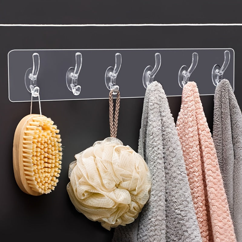 1 piece of No-Drill Row Coat Hooks, including Six-In-One and Three-In-One Transparent Adhesive Hooks for Hanging Clothes and Hats.