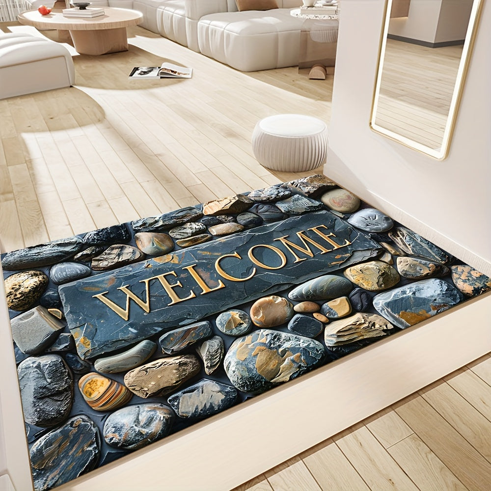 Introducing the luxurious Pebbles 3D Stone Pattern Floor Mat - a decorative delight for your home and outdoor spaces! This non-slip, waterproof, and machine washable polyester carpet features a beautiful artistic design and a luxurious texture. Perfect