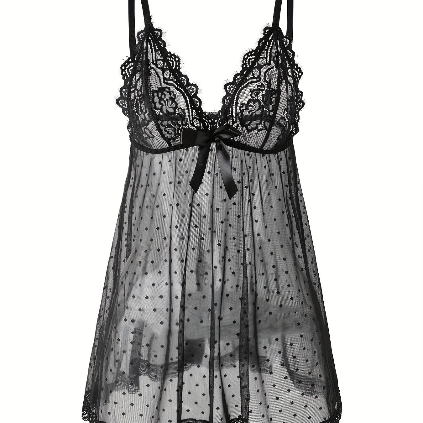 Women's lace nightgown with polka dot mesh slip and lace detail, cute babydoll sleepwear dress with bow, made of 95% polyester and 5% elastane knit fabric, no chest pad, lightweight adult nightwear - 40 g/m².