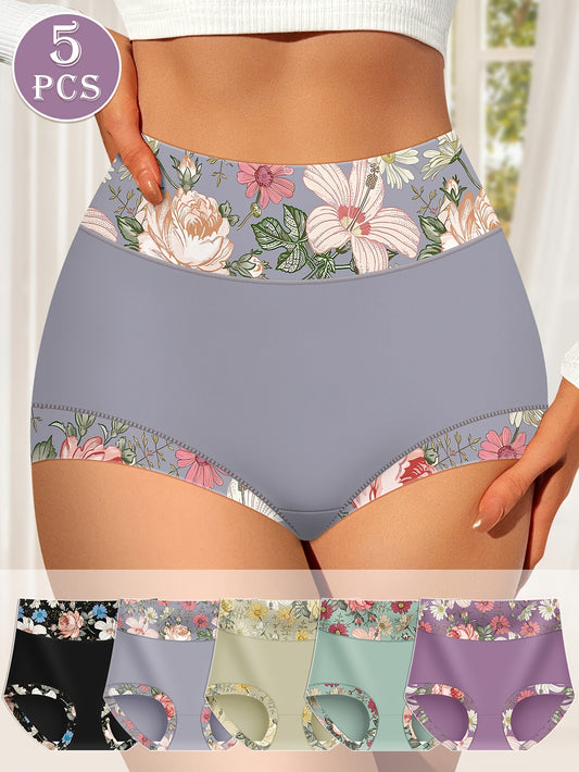 5-Pack MIOTAN High-Waisted Panties for Women with Floral Print, Tummy Control, Butt Lifter, and Elegant Style. Made of Polyester Knit Fabric with Medium Stretch for Comfortable Fit.