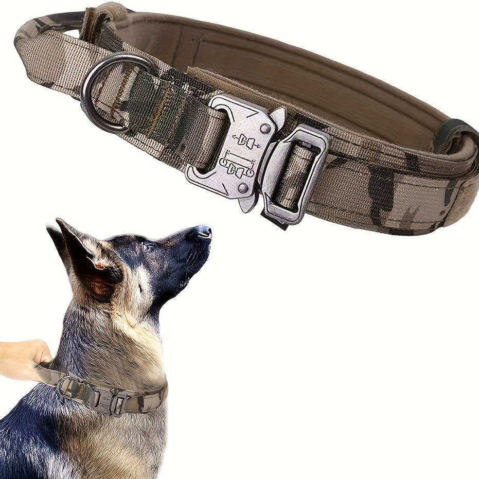 Adjustable tactical dog collar with heavy-duty metal buckle for training and walking.